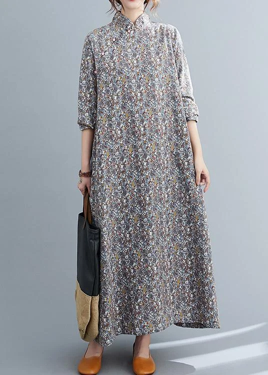 Simple Grey Print Cotton Oriental Long sleeve Spring Long Dresses