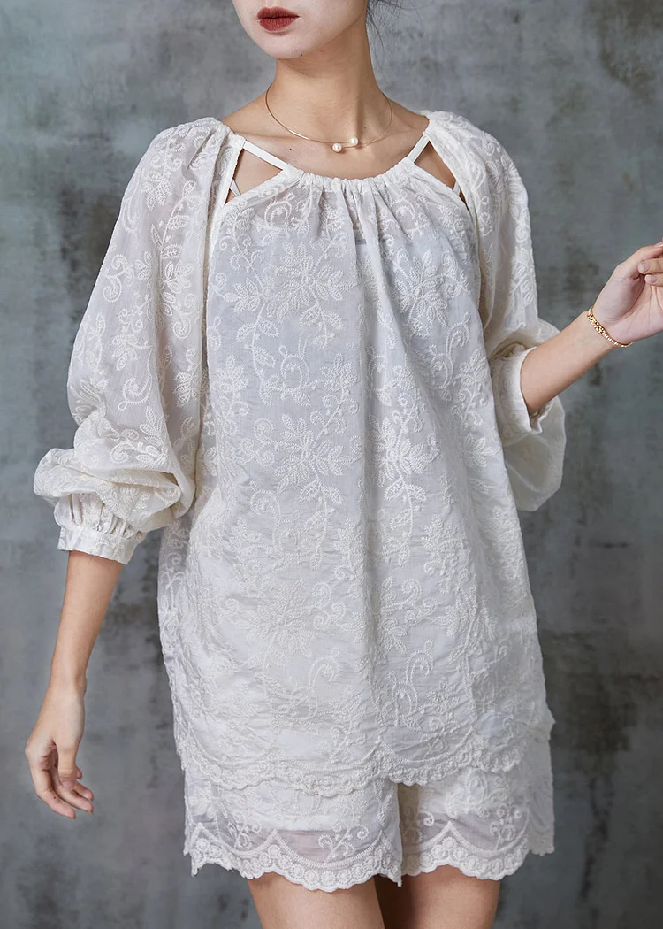 Simple Apricot Embroidered Cold Shoulder Cotton Women Sets 2 Pieces Summer