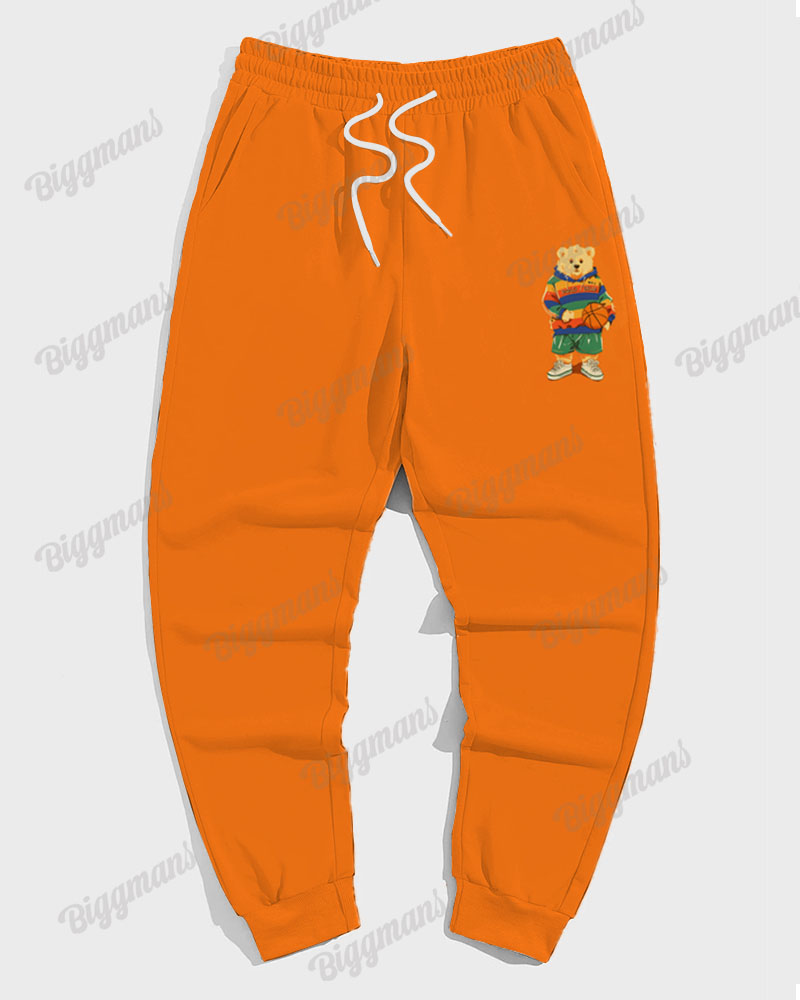 Men's Casual Orange Basketball Bear Letter Print Plus Size Sweatshirt Suit