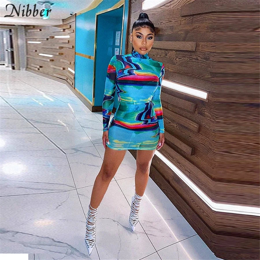 Nibber Autumn Multicolor Tie Dye  See-Through Dress Woman Aesthetic High Streetwear Sheath Club Mesh Package Hip Mini Dress 2020