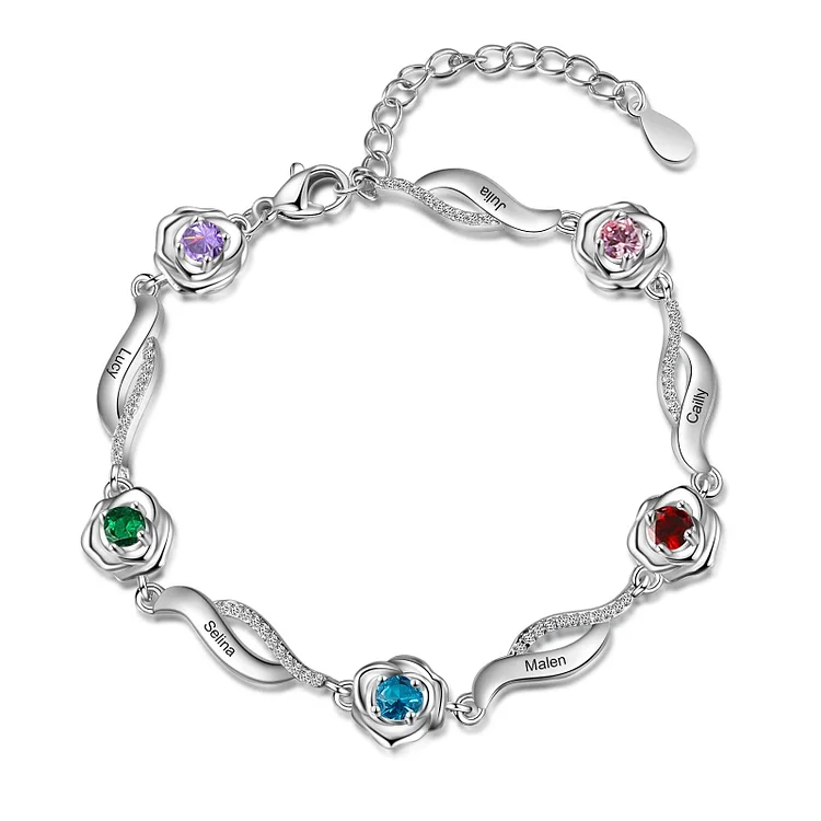 Olivenorma Engraved Rose Flower Chain Charm Birthstone Bracelet