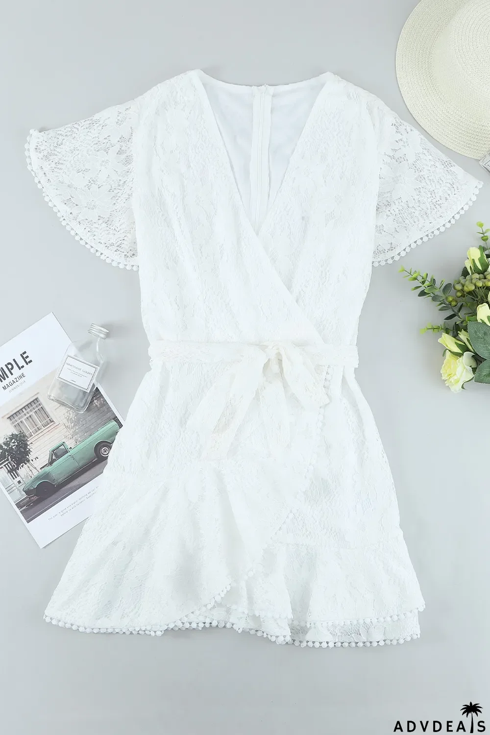 White Flutter Sleeve Wrap V Neck Floral Lace Short Dress