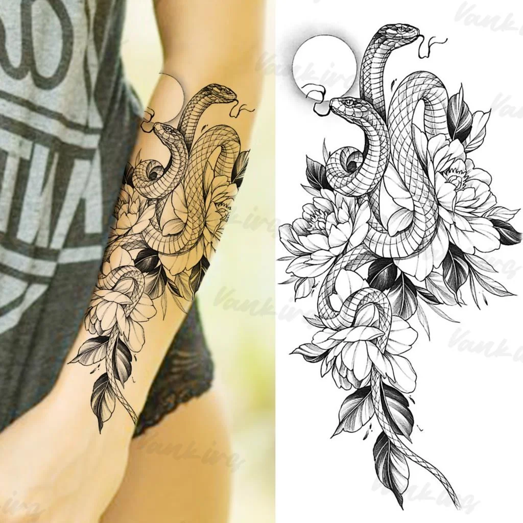 Sdrawing Peony Butterfly Temporary Butterfly Tattoos For Women Girls Realistic Snake Sun Fake Tattoo Sticker Leg Body Tatoos