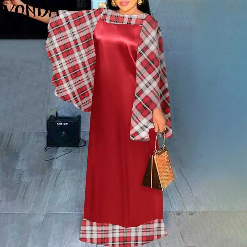Patchwork Plaid Dress Holiday Party Maxi Long Dress VONDA 2022 Women Casual Vintage Long Sleeve Vestidos Oversized Robe Femme