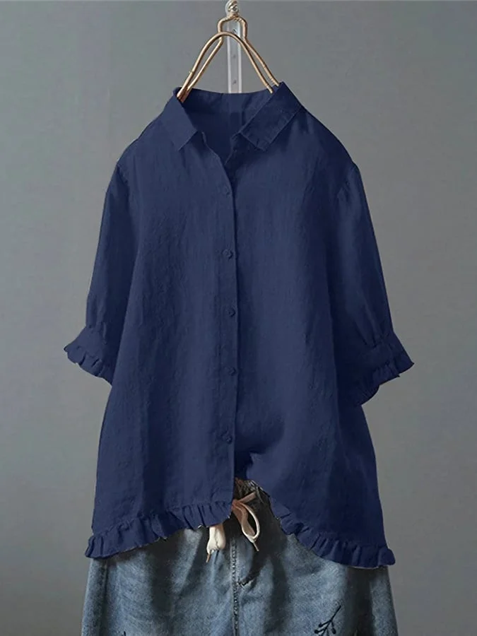 Ladies Solid Color Lapel Button Ruffle Design Casual Cotton And Linen Shirt