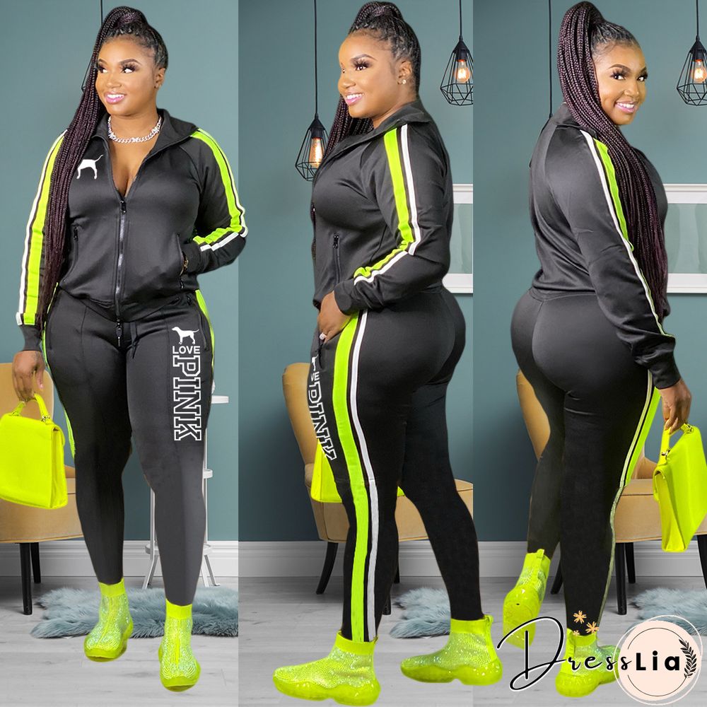 Plus Size Zipper Jacket Tops Sporty Pants Two Piece Set