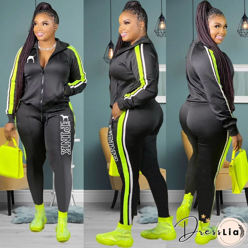 Plus Size Zipper Jacket Tops Sporty Pants Two Piece Set