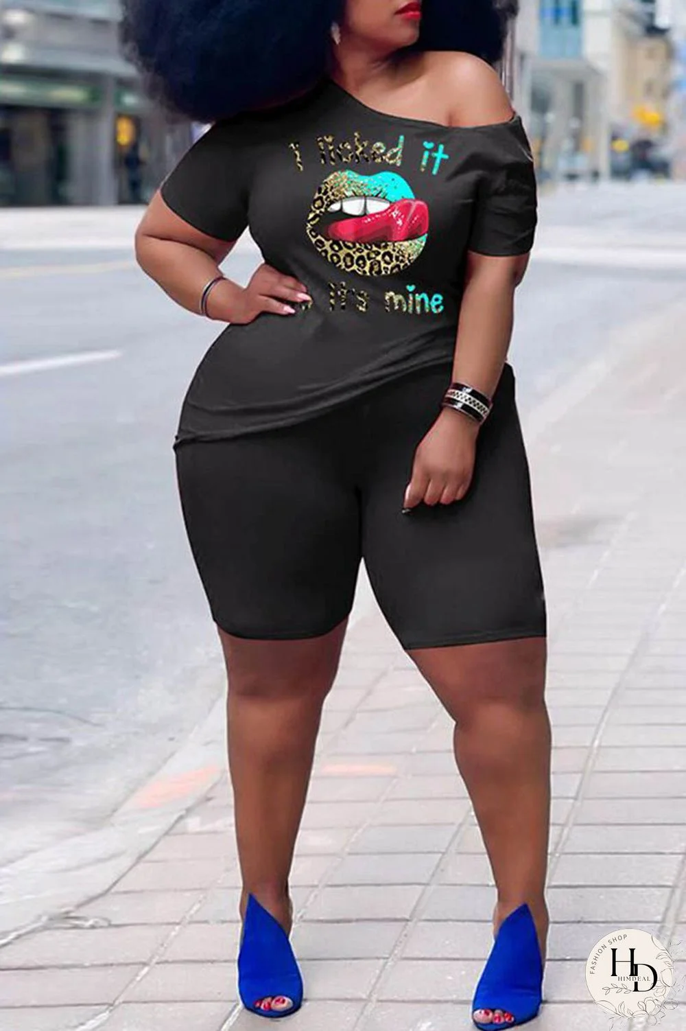 Rose Red Casual Print Basic Oblique Collar Short Sleeve Two Pieces