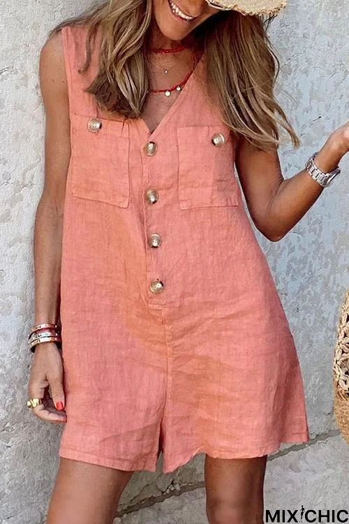 Button V Neck Pockets Romper