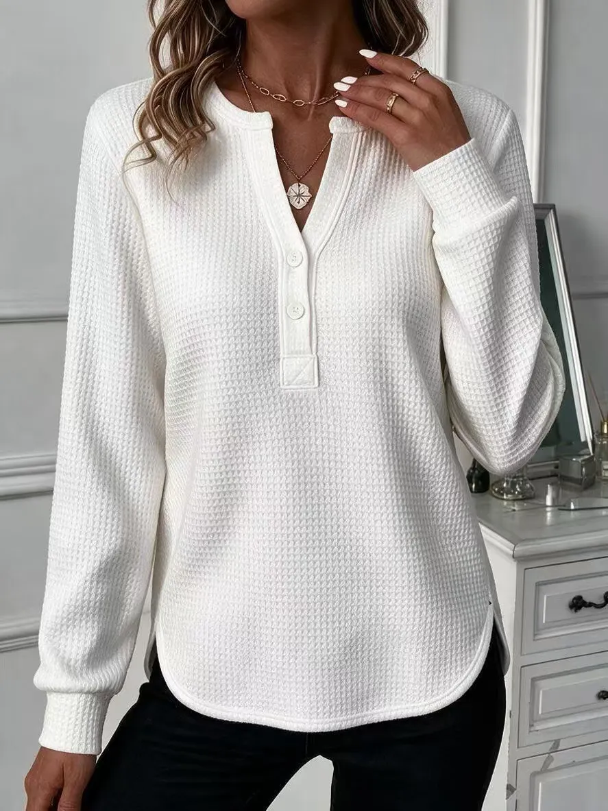Women's Waffle Knit Henley Long Sleeve Tops