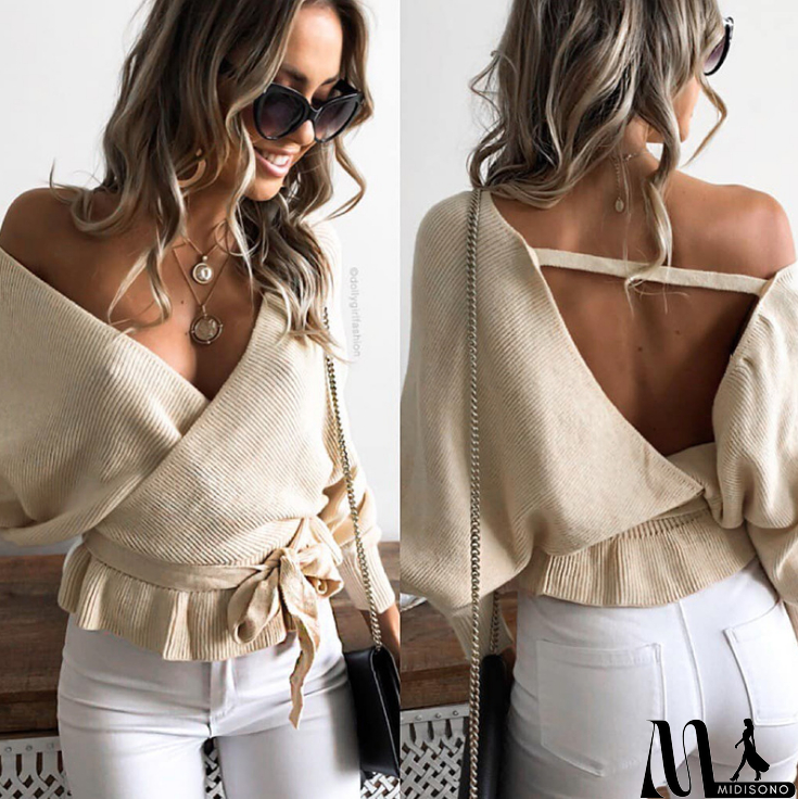 MidiSono - Fashion V-Neck Long Sleeve Backless Knitted Sweaters