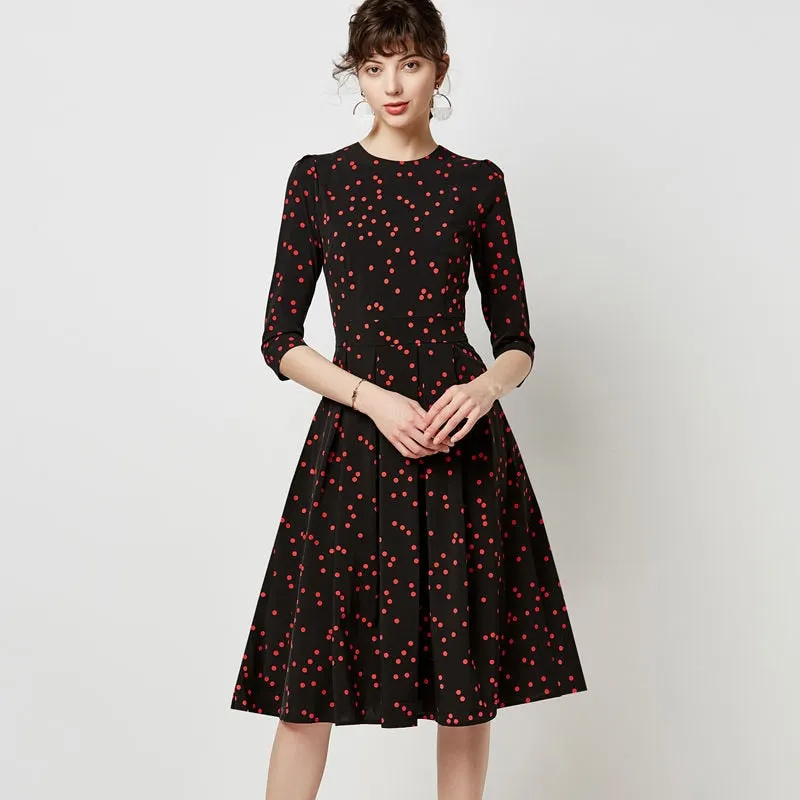 Aachoae Printed Dress For Women 2021 Vintage Three Quarter Sleeve Draped Dress Autumn Round Neck A-line Midi Dresses Vestido