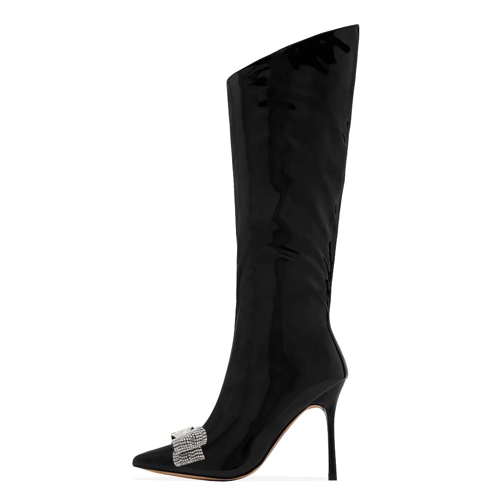 Black Patent Leather Rhinestone Bow Stiletto Fashion Boots for Women Nicepairs