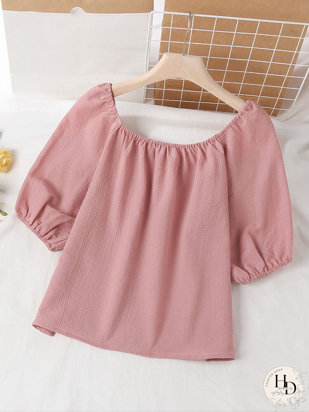 Elastic Shoulder Pleats Puff Sleeve Casual Blouse