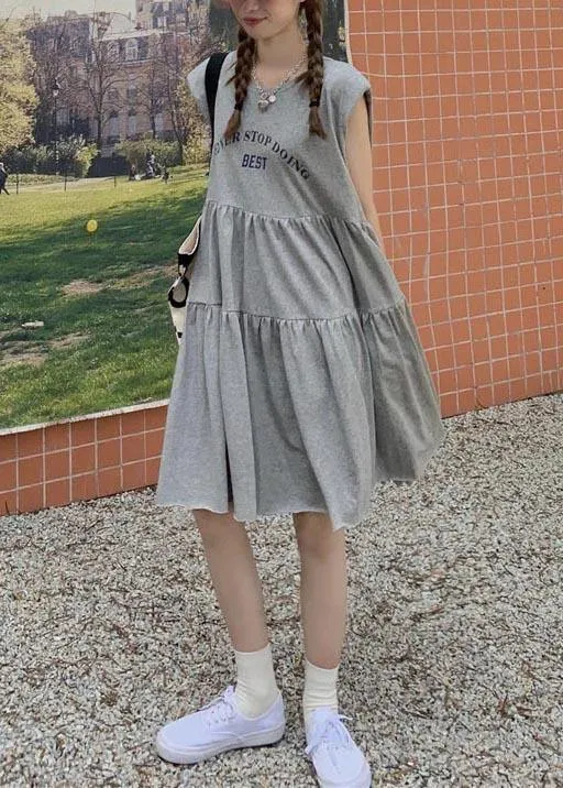 Elegant Grey Graphic Sleeveless Summer Cotton Dress