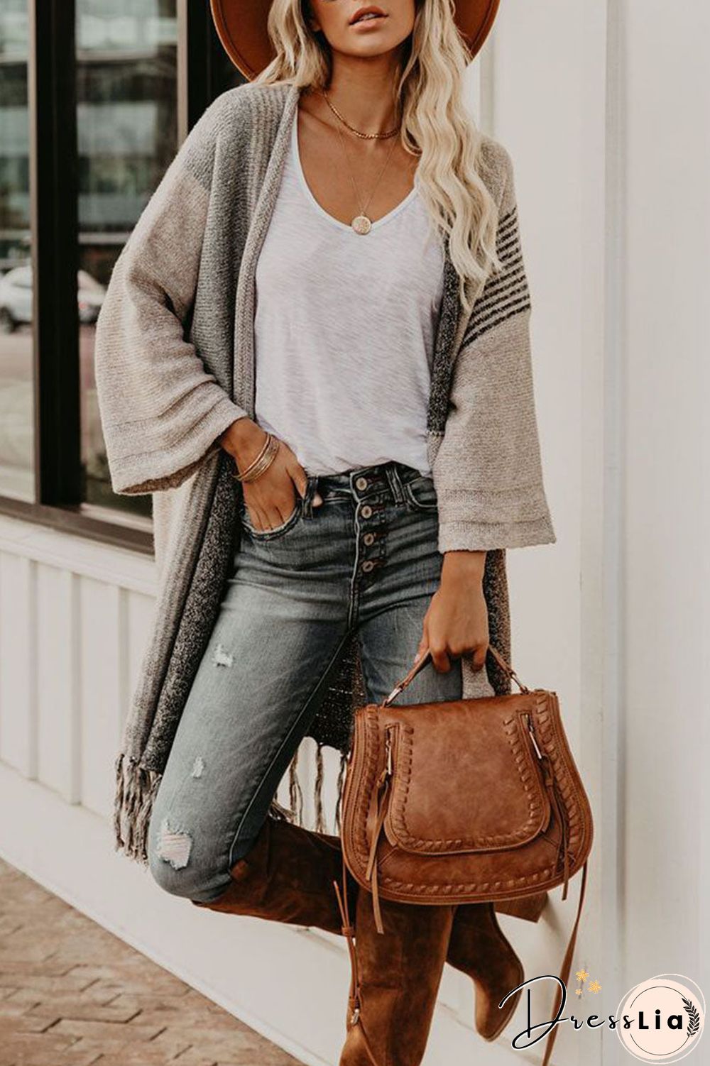 Fringe Colorblock Open Front Cardigan