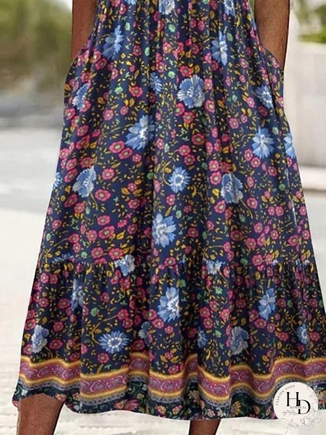 Casual Dress Summer Dress Boho Dress Floral Ruched Pocket Crew Neck Midi Dress Fashion Modern Outdoor Daily Short Sleeve Regular Fit Pink Dark Blue Light Blue Summer Spring S M L XL XXL for Women