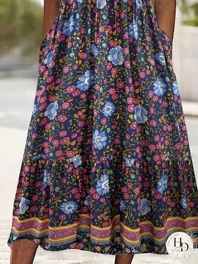 Casual Dress Summer Dress Boho Dress Floral Ruched Pocket Crew Neck Midi Dress Fashion Modern Outdoor Daily Short Sleeve Regular Fit Pink Dark Blue Light Blue Summer Spring S M L XL XXL for Women
