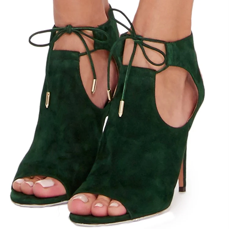 Dark Green Suede Peep Toe Summer Boots Tie Cut Out Stiletto Heel Boots |FSJ Shoes