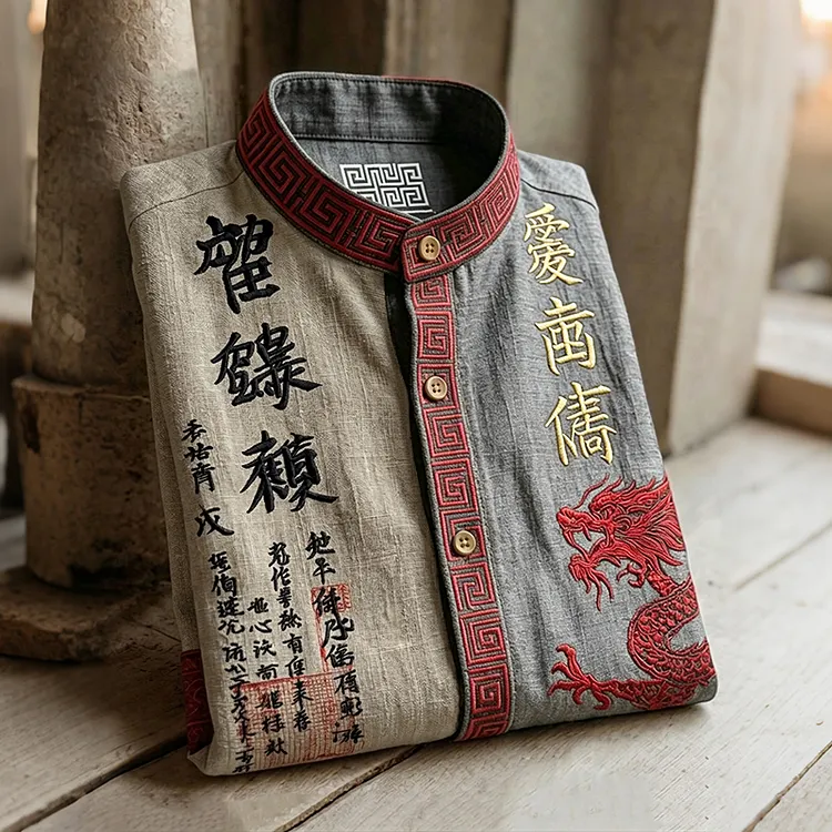 Men's Japanese Dragon Pattern Calligraphy And Painting Art Linen Long Shirt