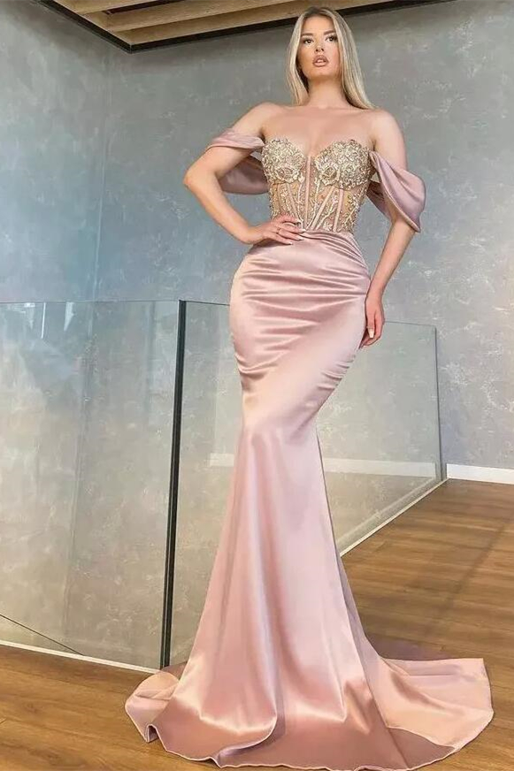 Glorious Dusty Pink Of-the-Shoulder Mermaid Prom Dress Slit With Beadings - lulusllly