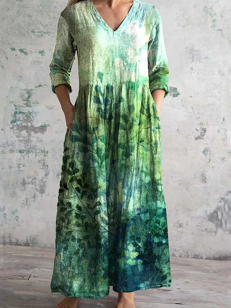 Women's 3/4 Sleeve V-neck Floral Printed Midi Dress