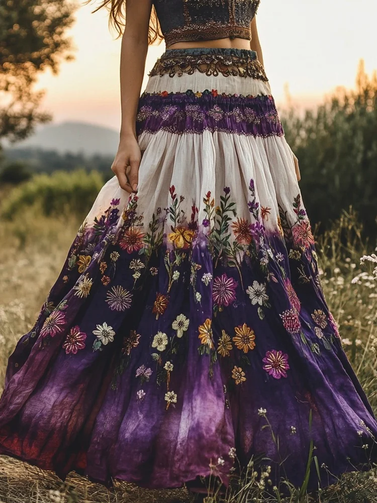 Utbros Women's Boho Floral Embroidery Purple Gradient Cotton Flowing Half Elastic Skirt