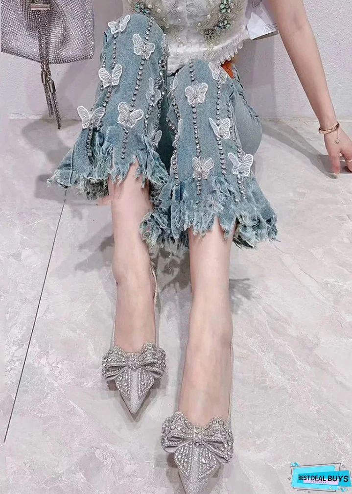 New Blue Zircon Pockets High Waist Denim Crop Pants Spring