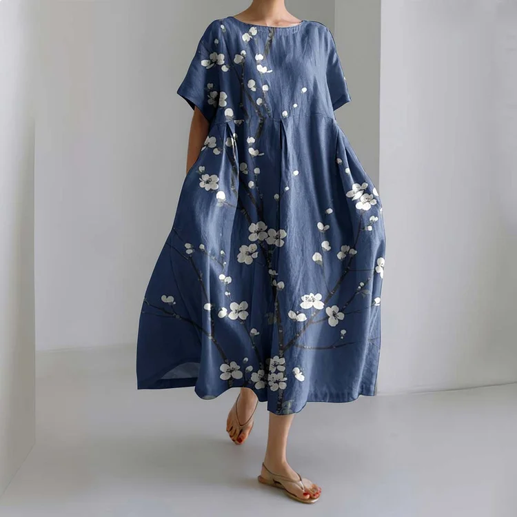 Japanese Art Blossom Printed Crew Neck Casual Midi Dress