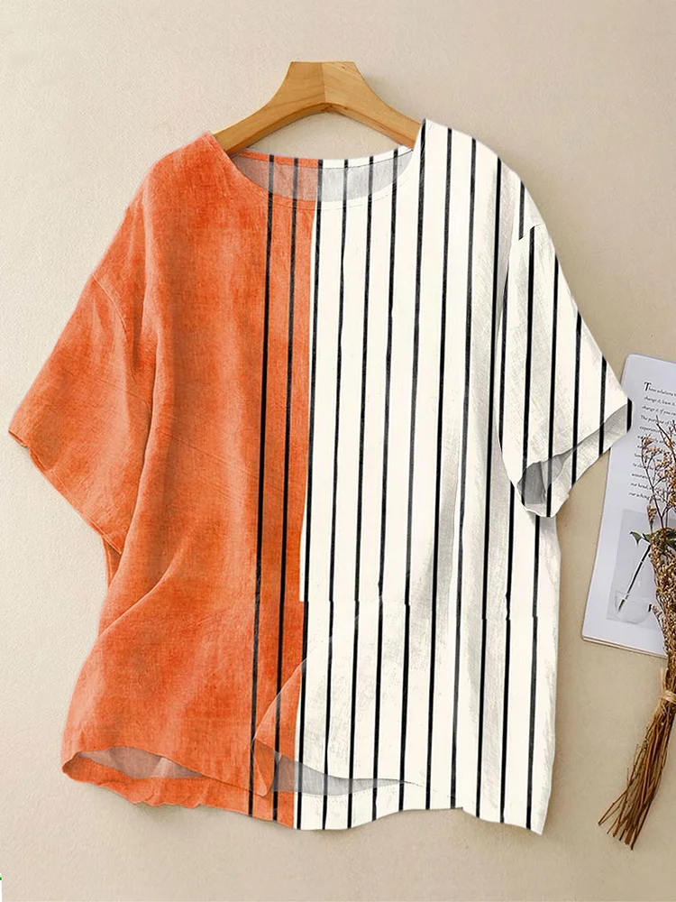 Women's Vintage  Abstract Geometry  Art  Print Casual Linen Crew Neck Shirt