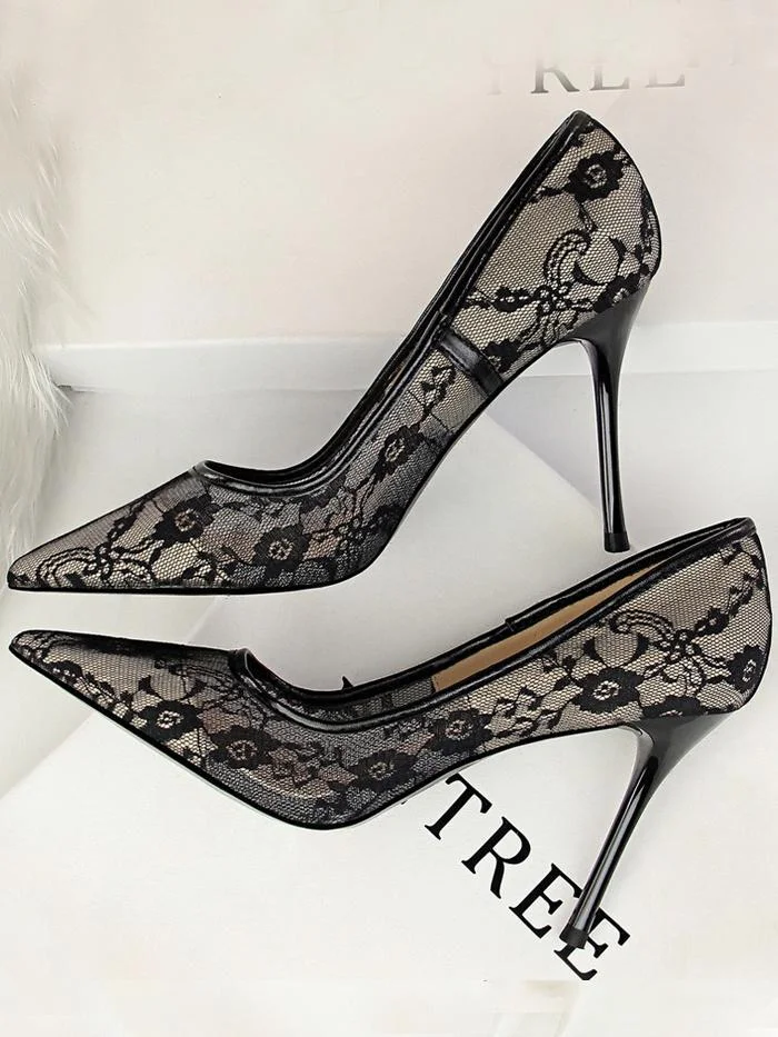Sexy stiletto high heel shallow mouth pointed toe mesh hollow lace single shoes