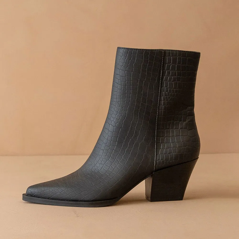Classic Black Pointed Toe Embossed Zipper Heel Ankle Boots for Women