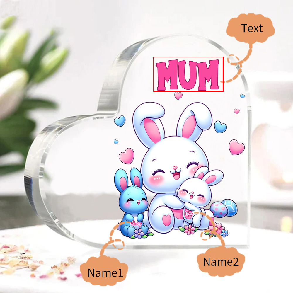 Personalised Text Acrylic Heart Keepsake Custom 2 Names Ornament Bunny Family Gifts For Mother/Grandma-Jessemade AU