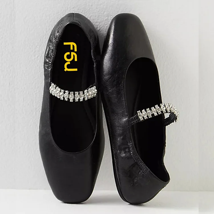 Black Square Toe Ballet Flats Rhinestone Strap Comfy Mary Jane Shoes |FSJ Shoes
