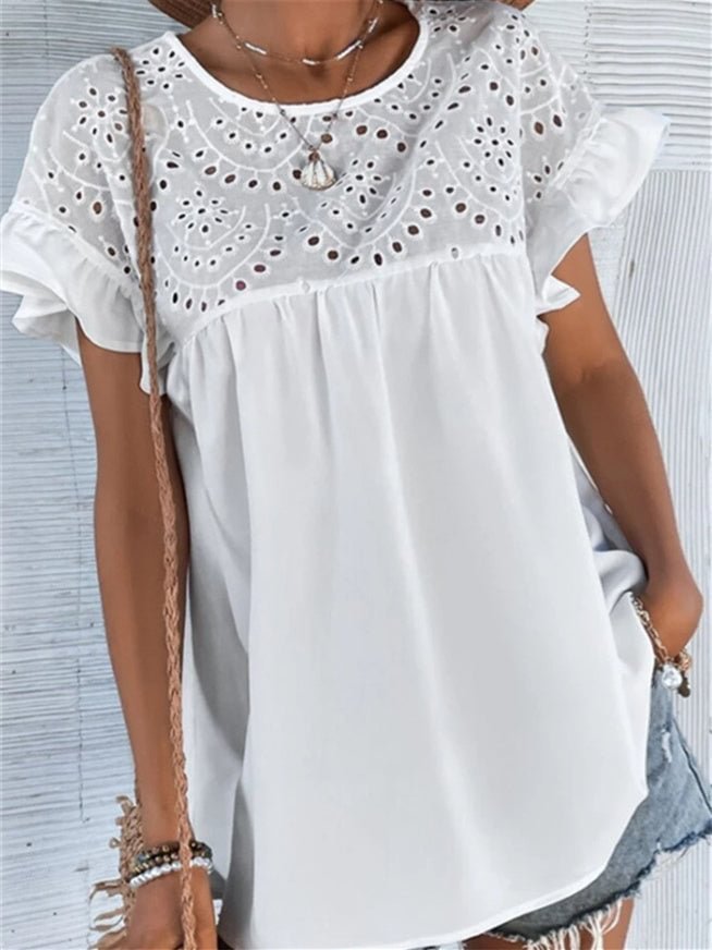 Women's Short Sleeve Scoop Neck Hollow Floral Printed Top