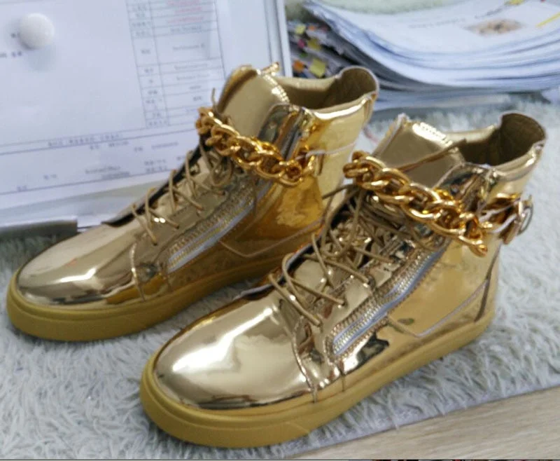 Gold/Silver Chains Lace-Up Ankle Casual Shoes Metal Plated Leather Unisex Flats Reflected Mirror Man Daily Casual Shoes