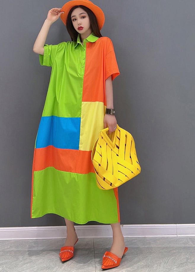 French Colorblock Peter Pan Collar Patchwork Cotton Streetwear Dresses Short Sleeve