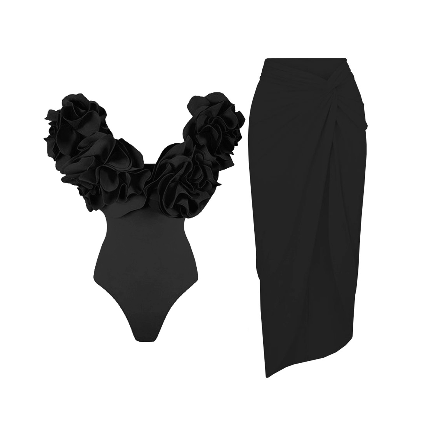 Ballifyex 2025 2Pc High Quality Luxury Woman Swimsuit Flower Ruffle Solid Bathingsuit Push Up Swimwear Off Shoulder Summer Suits Beachwear