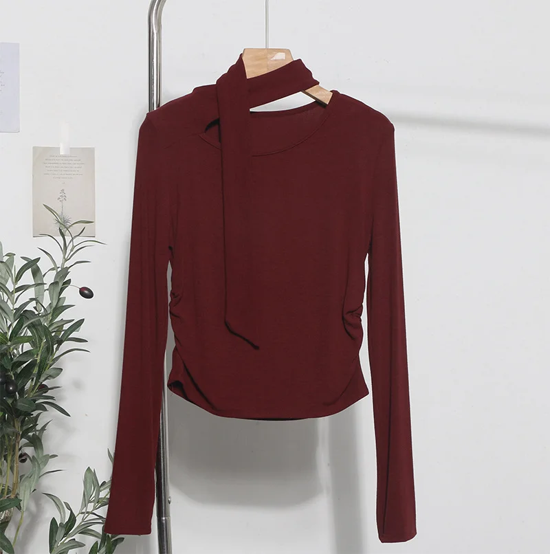 Uveng Ribbon Scarf Hanging Neck Long-Sleeved T-Shirt Girl 2024 Autumn Slim Thin Folded Bottom Shirt 1630