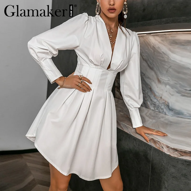 Glamaker V neck white shirt dress Bodycon spring summer Irregular dress 2021new women A-line pleated short elegant casual dress