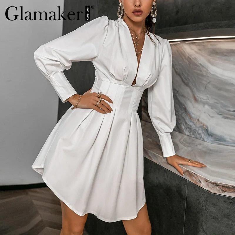 Abebey V Neck White Shirt Dress Bodycon Spring Summer Irregular Dress 2023New Women A-Line Pleated Short Elegant Casual Dress