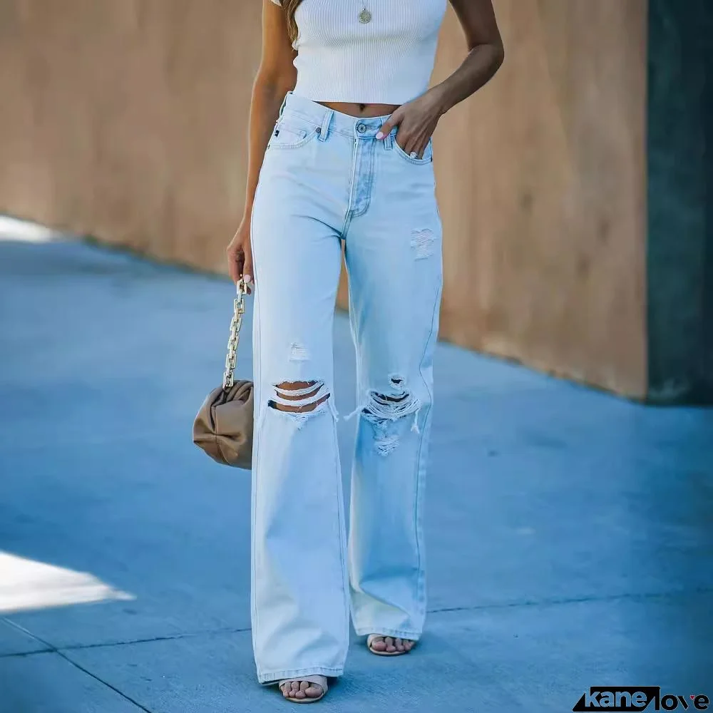 High Rise Distressed Straight Leg Denim