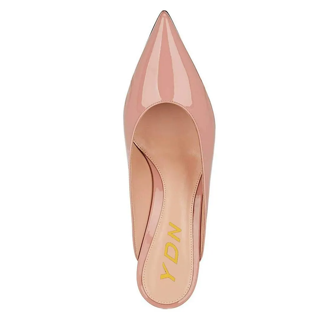 Pink Patent Leather Pointed Toe Kitten Heel Mules for Women
