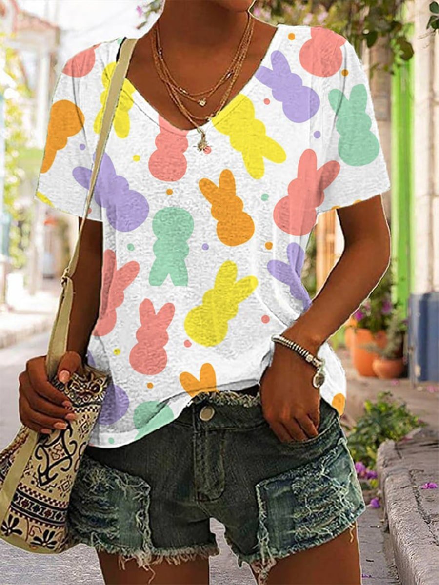 Women's Bunny Painting Easter Short Sleeve T-shirt