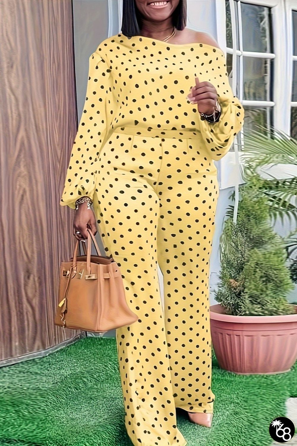 Casual Dot Print Basic Oblique Collar Plus Size Two Pieces | 168DEAL