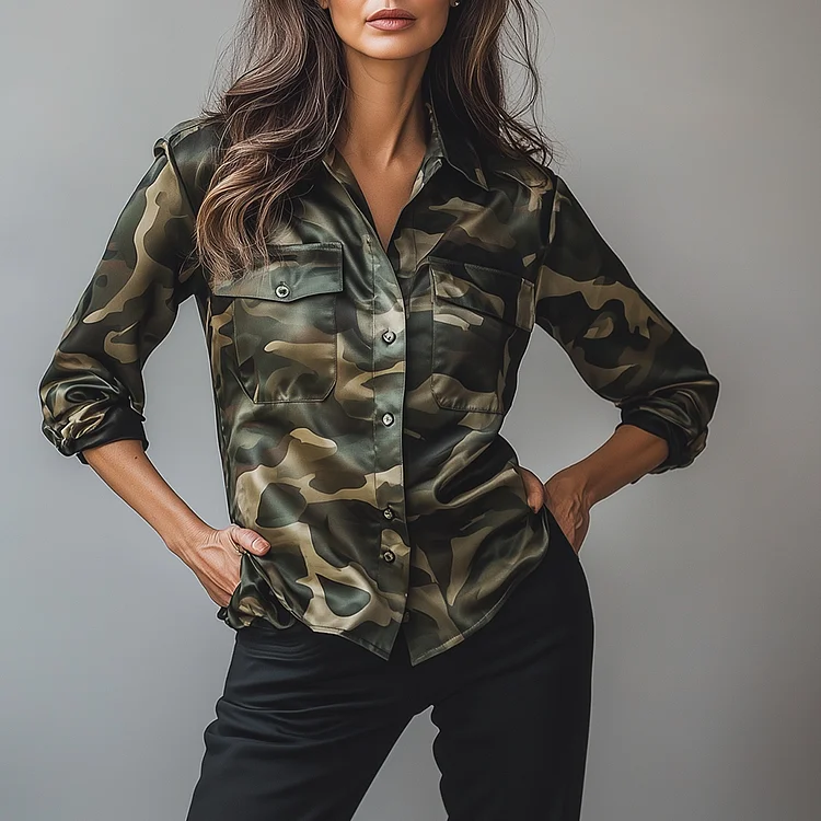 Ursime Chest Pocket Camouflage Pattern Satin Long Sleeve Blouse