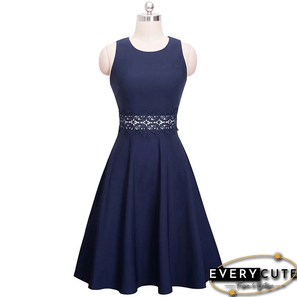 Navy Blue Sleeveless Party Skater Dress