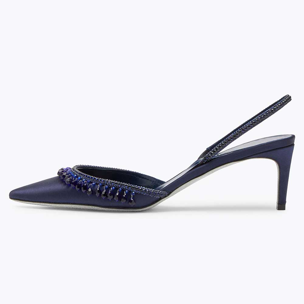 Women's Navy Satin Pointed Toe Rhinestone Kitten Heel Pumps Nicepairs