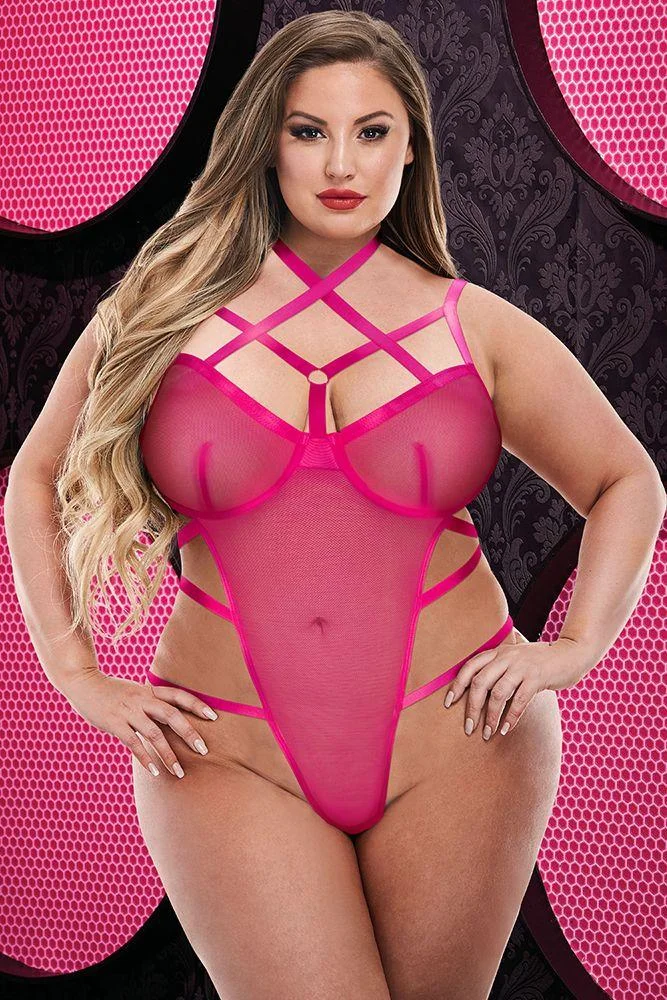 pornhint Pornhint Sexy Hot Pink Strappy Caged Teddy