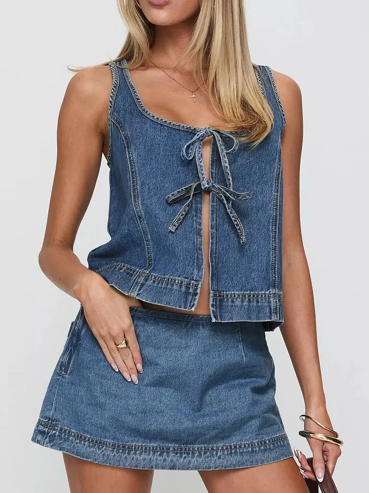 Tie-Front Tank and Skirt Denim Set